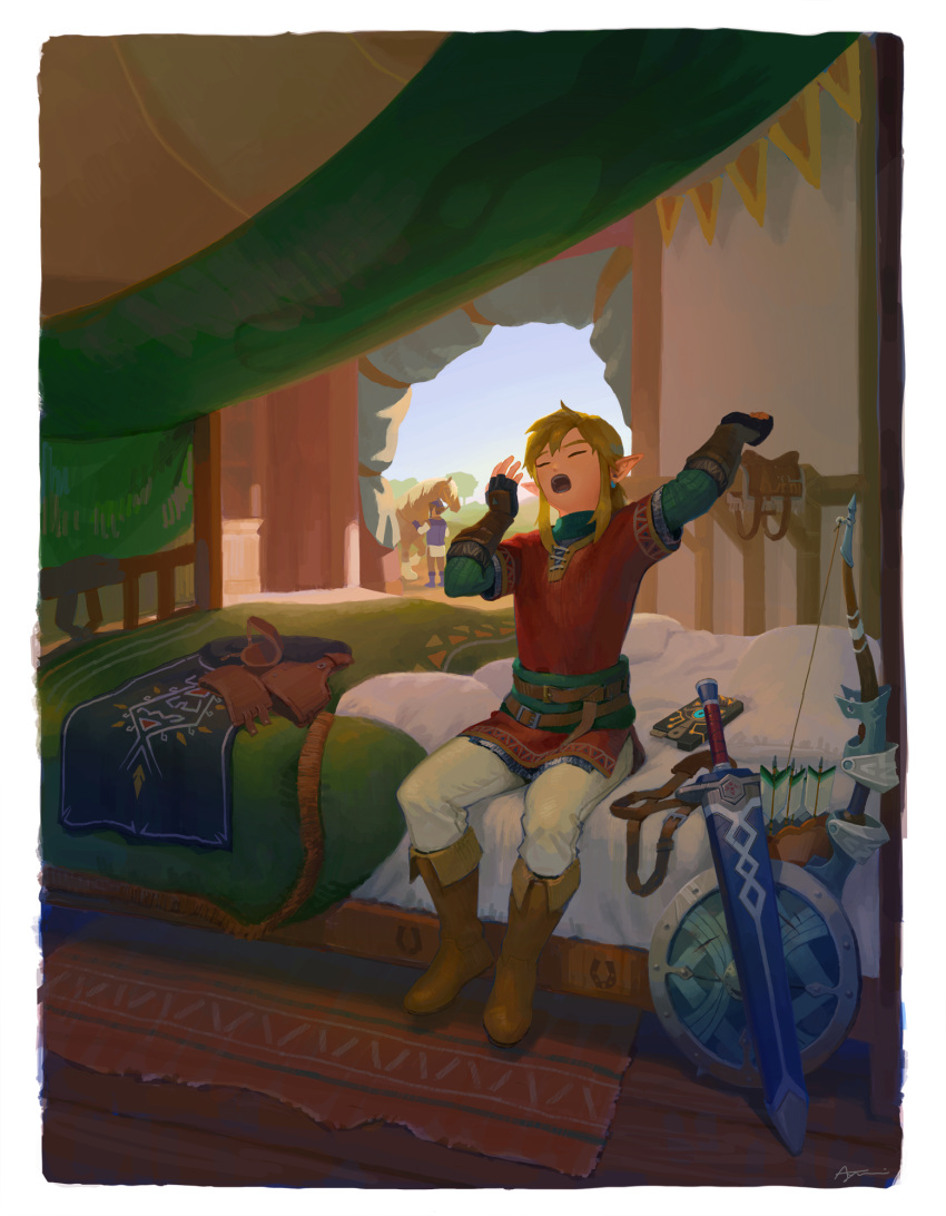 2boys arms_up arrow ayumi_(830890) bed_sheet belt belt_buckle blanket blonde_hair boots border bow_(weapon) brown_footwear buckle carpet day earrings fingerless_gloves fringe_trim full_body gloves highres horse indoors jewelry knee_boots link long_hair low_ponytail male_focus multiple_boys nintendo on_bed open_mouth pants pillow pointy_ears quiver saddle sheath sheathed sheikah_slate shield sidelocks signature sitting sitting_on_bed solo stretch sunlight sword the_legend_of_zelda the_legend_of_zelda:_breath_of_the_wild tunic waking_up weapon white_border white_pants wooden_floor yawning