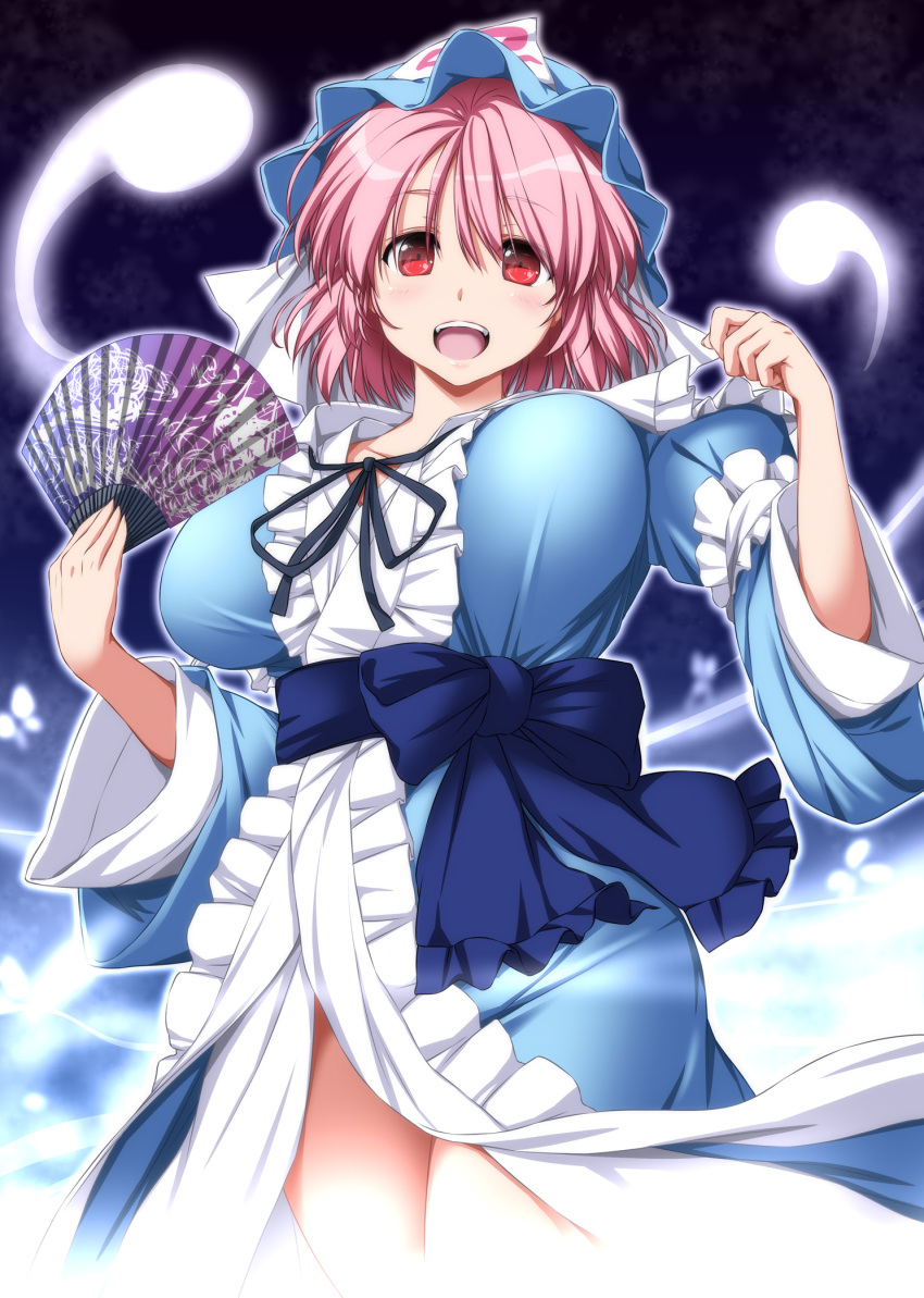 1girl :d breasts commentary_request cowboy_shot eyebrows_visible_through_hair fan folding_fan frills hair_between_eyes hat highres hitodama large_breasts long_sleeves looking_at_viewer mob_cap nori_tamago open_mouth pink_hair red_eyes saigyouji_yuyuko sash short_hair smile solo touhou triangular_headpiece upper_teeth wide_sleeves