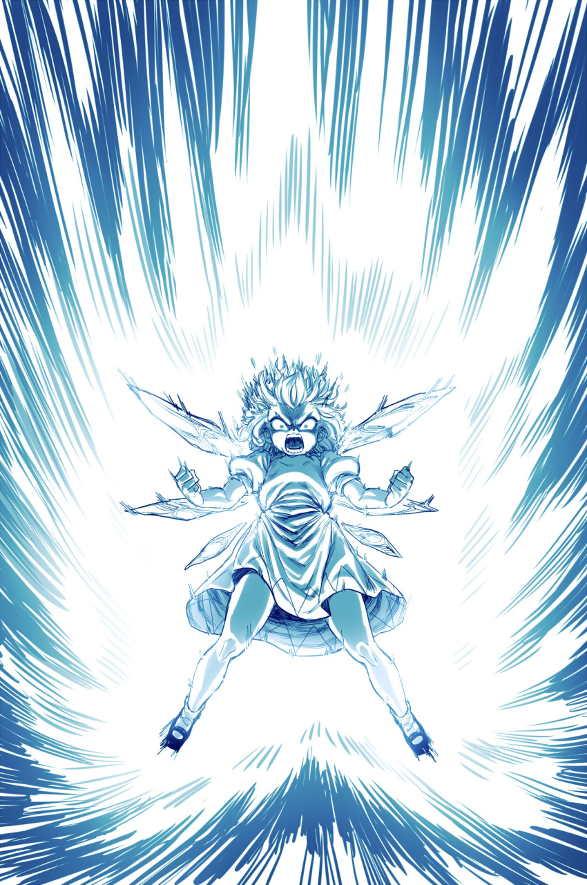 1girl aura blue cirno clenched_hands constricted_pupils dragon_ball dragonball_z dress epic fang flat_chest floating floating_hair full_body highres ice ice_wings lineart looking_at_viewer mary_janes monochrome open_mouth parody powering_up puffy_short_sleeves puffy_sleeves shoes short_sleeves shouting socks solo space_jin touhou wings