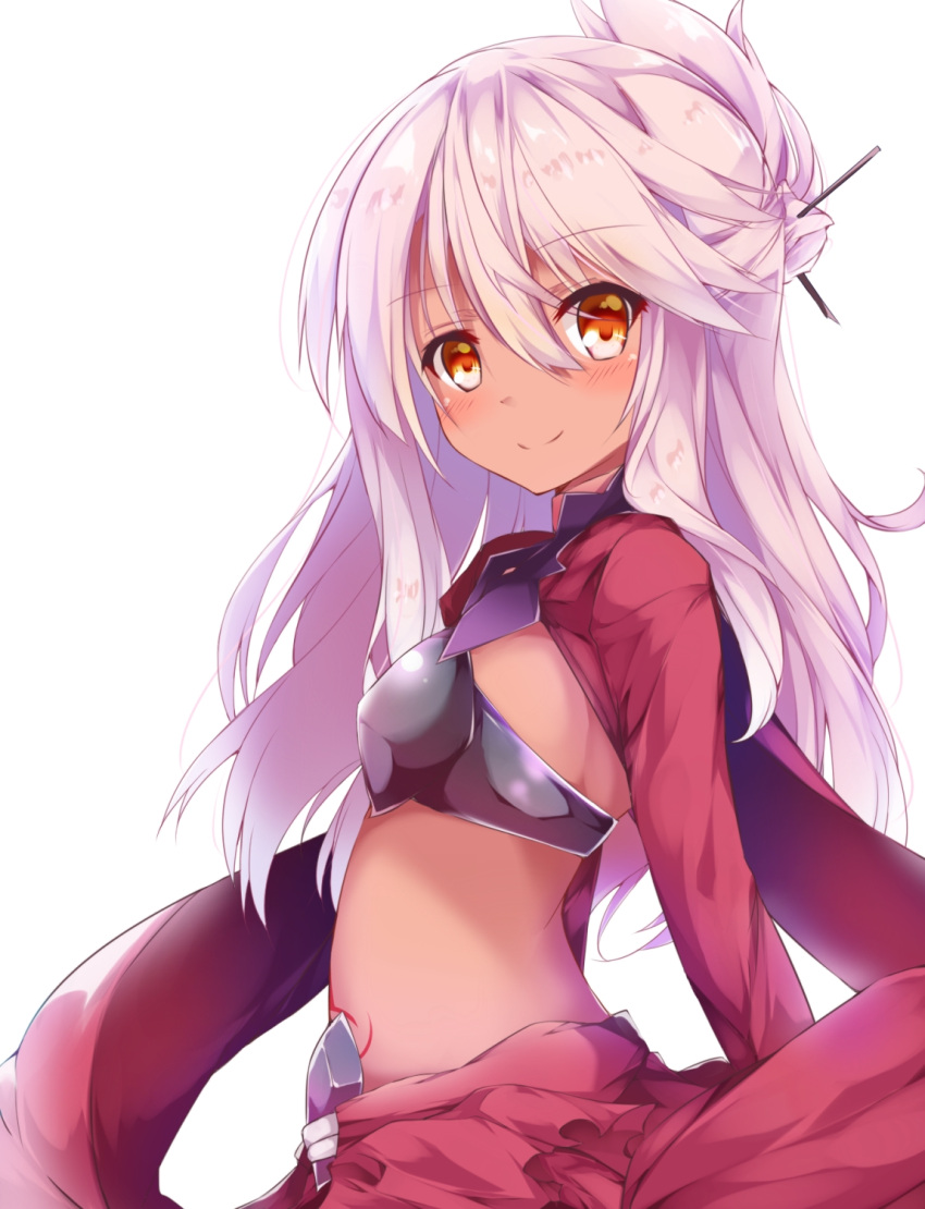 1girl bangs blush breastplate breasts cape chloe_von_einzbern closed_mouth dark_skin fate/kaleid_liner_prisma_illya fate_(series) fuuna hair_between_eyes hair_ornament hairpin half_updo highres long_hair long_sleeves looking_at_viewer orange_eyes pink_hair shrug_(clothing) sidelocks simple_background small_breasts smile solo stomach_tattoo swept_bangs tan tattoo white_background