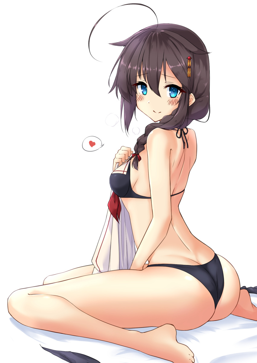 1girl adapted_costume ahoge ass bikini black_bikini black_hair blue_eyes braid breasts commentary_request full_body hair_flaps hair_ornament hair_over_shoulder heart highres jacket jacket_removed kantai_collection looking_at_viewer medium_breasts remodel_(kantai_collection) shiba_(zudha) shigure_(kancolle) simple_background single_braid sitting smile solo spoken_heart swimsuit wariza white_background white_jacket