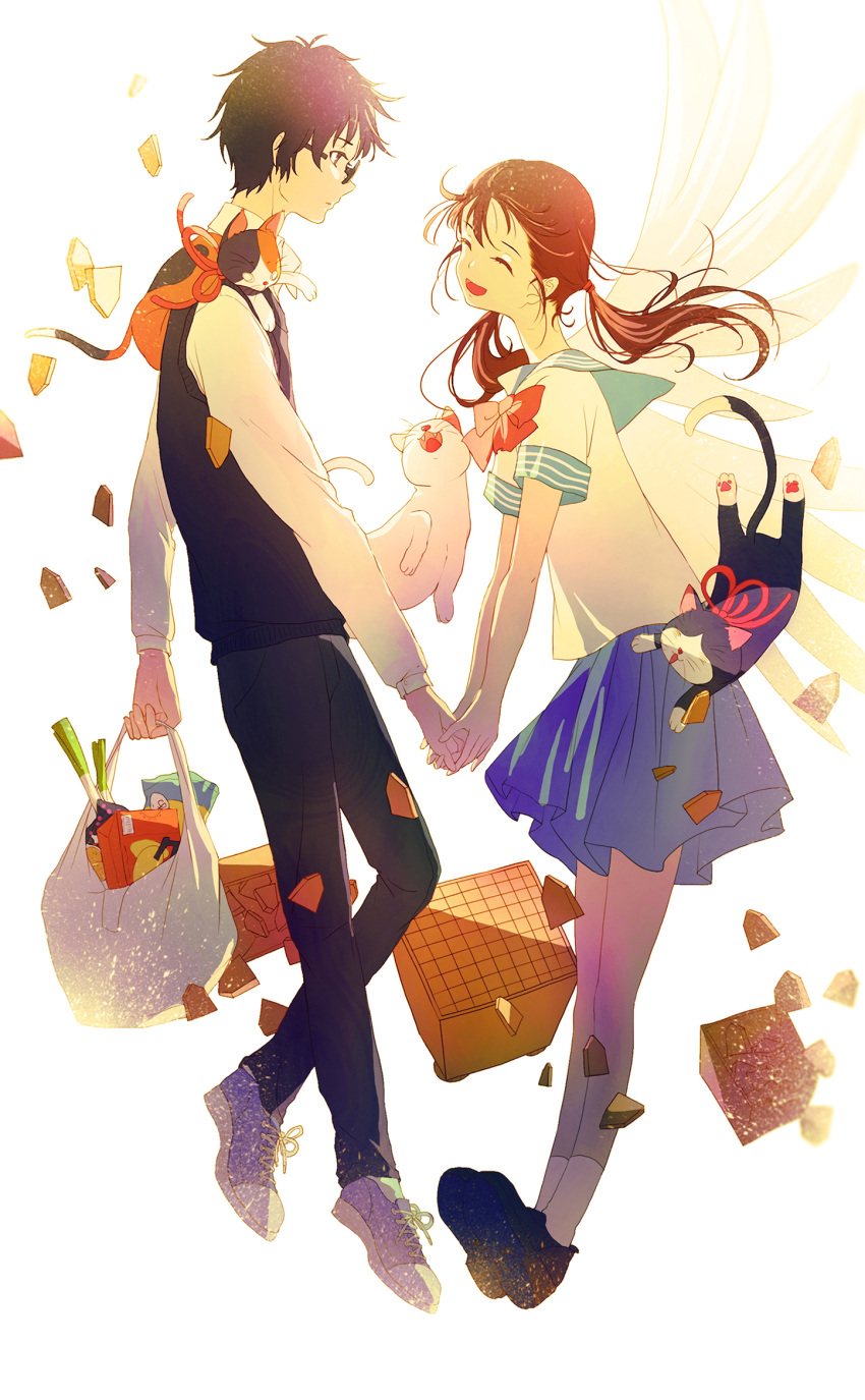 1boy 1girl :d amada_(12785891) angel_wings animal animal_on_shoulder bag black_cat black_hair black_pants blue_skirt board_game bow brown_hair cat closed_eyes facing_another glasses grocery_bag hand_holding highres kawamoto_hinata kiriyama_rei long_sleeves looking_at_another open_mouth pants red_bow red_ribbon ribbon sangatsu_no_lion school_uniform shirt shoes shopping_bag short_sleeves shougi shougi_piece simple_background skirt smile sneakers socks spring_onion sweater_vest twintails white_background white_cat white_shirt wings