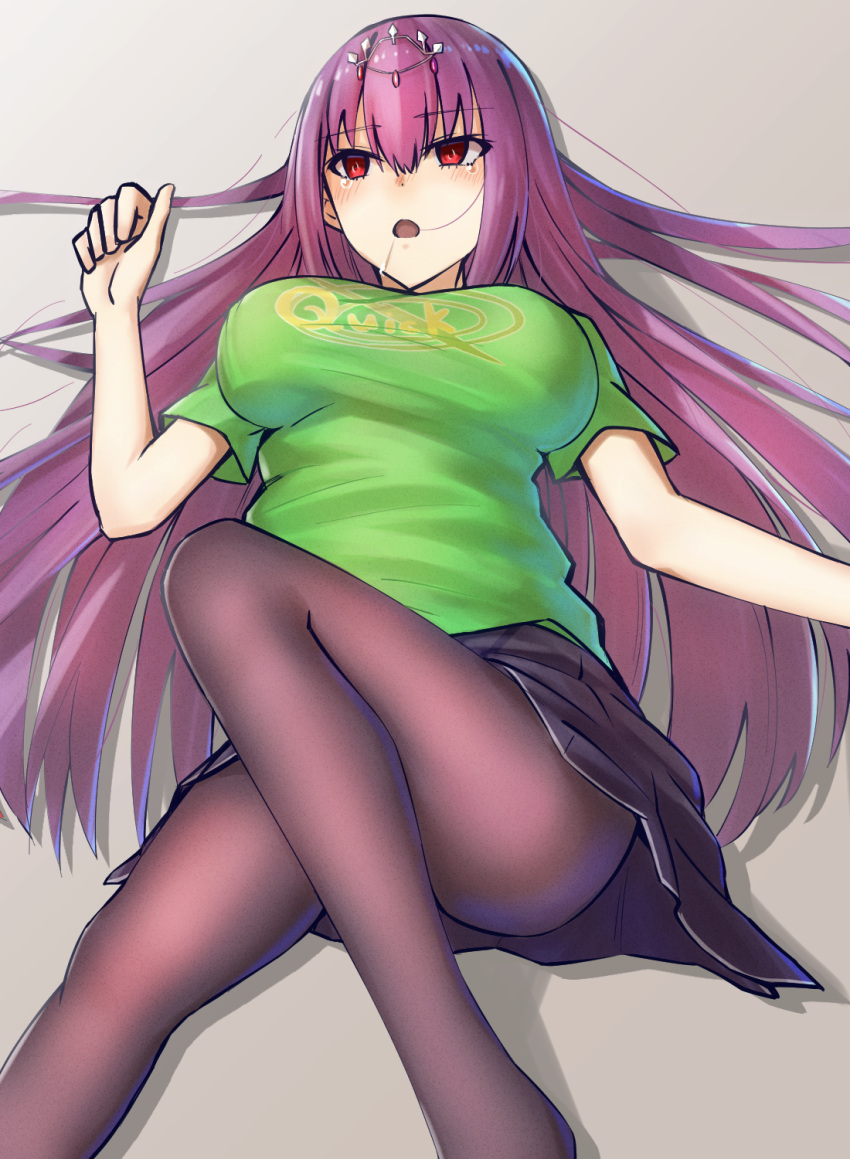 1girl :o alternate_costume black_legwear black_skirt breasts breasts_apart commentary_request elfenlied22 fate/grand_order fate_(series) green_shirt green_t-shirt grey_background hair_between_eyes hair_ornament highres large_breasts long_hair lying on_back pantyhose purple_hair quick_shirt red_eyes scathach_(fate)_(all) scathach_skadi_(fate/grand_order) shirt skirt solo t-shirt