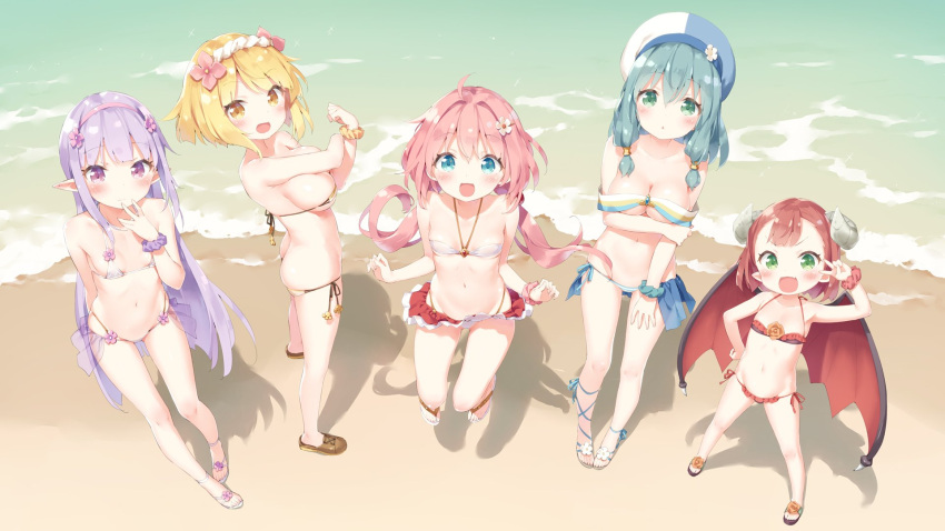 5girls :d ahoge arm_grab arm_under_breasts ass bangs bare_arms bare_shoulders beach bikini bikini_skirt black_bikini blonde_hair blue_eyes blue_hat blue_scrunchie blush breast_hold breasts brown_bikini brown_eyes brown_footwear cleavage collarbone commentary_request curled_horns day demon_girl demon_horns demon_wings elnowar_seylan endro! eyebrows_visible_through_hair fai_fai fang flexing flower frilled_bikini frills from_above green_eyes green_hair groin hair_between_eyes hair_flower hair_intakes hair_ornament hairband hairclip hand_on_hip hand_up hat head_tilt highres horns large_breasts long_hair looking_at_viewer looking_to_the_side looking_up low_twintails mao_(endro!) medium_breasts meiza_endust micro_bikini multicolored multicolored_clothes multicolored_hat multiple_girls navel no_socks open_mouth outdoors parted_lips peko pigeon-toed pink_flower pink_hair pink_hairband pink_scrunchie pointy_ears pose purple_hair purple_scrunchie red_scrunchie red_wings redhead sand sandals scrunchie see-through shoes short_hair side-tie_bikini sidelocks small_breasts smile standing striped striped_bikini swimsuit transparent twintails v v_over_eye very_long_hair violet_eyes water white_bikini white_bikini_top white_flower white_footwear white_hat wings wrist_scrunchie yellow_scrunchie yuria_shardet