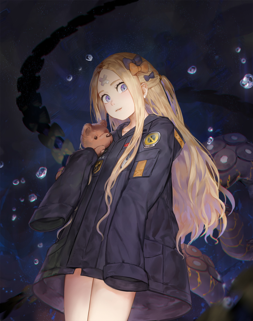 1girl abigail_williams_(fate/grand_order) air_bubble bandaid_on_forehead black_bow black_coat blonde_hair blue_eyes bow bubble commentary cowboy_shot crossed_bandaids dark_background earrings fate/grand_order fate_(series) from_below hair_bow heroic_spirit_traveling_outfit highres holding holding_stuffed_animal hood hood_down hooded_coat jewelry long_hair long_sleeves looking_at_viewer looking_down neon.p no_pants one_side_up orange_bow parted_lips sidelocks sleeves_past_fingers sleeves_past_wrists solo stuffed_animal stuffed_toy teddy_bear tentacle underwater