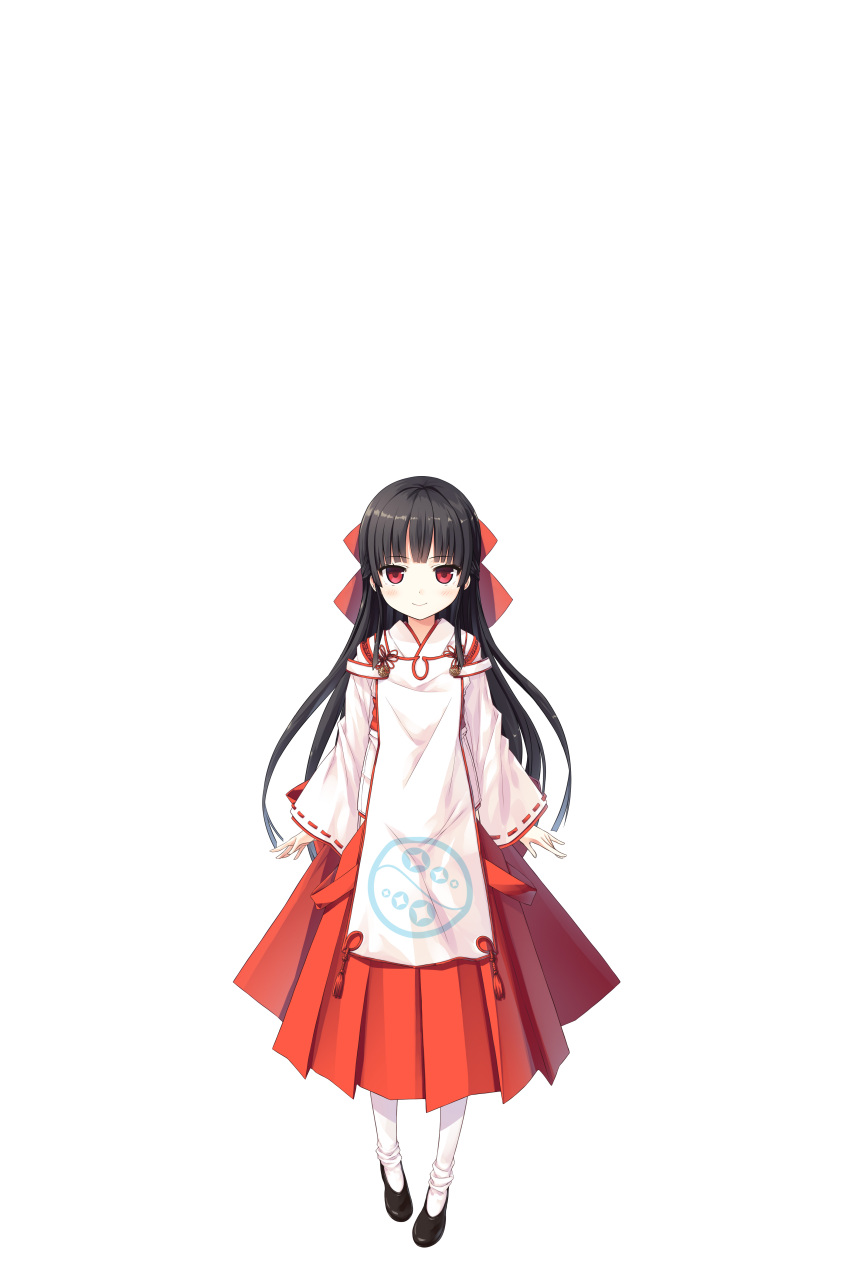 1girl absurdres bangs black_footwear black_hair blush bow closed_mouth cura eyebrows_visible_through_hair hachiroku_(maitetsu) hair_bow hakama highres japanese_clothes kimono long_hair long_sleeves maitetsu miko negative_space pantyhose pigeon-toed red_bow red_eyes red_hakama ribbon-trimmed_sleeves ribbon_trim shoes simple_background sleeves_past_wrists smile solo standing very_long_hair white_background white_kimono white_legwear wide_sleeves