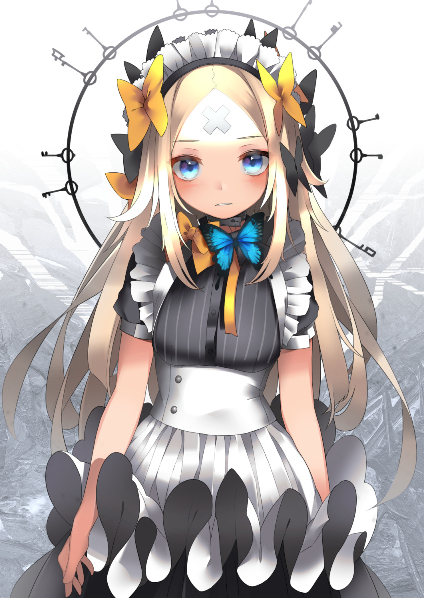 1girl abigail_williams_(fate/grand_order) alternate_costume apron bangs black_bow black_shirt black_skirt blonde_hair blue_eyes blush bow breasts bug butterfly commentary_request crossed_bandaids dress_shirt enmaided eyebrows_visible_through_hair fate/grand_order fate_(series) hair_bow highres insect key long_hair maid maid_headdress orange_bow parted_bangs parted_lips pleated_skirt shirt skirt slumcat small_breasts solo striped striped_shirt vertical-striped_shirt vertical_stripes very_long_hair waist_apron white_apron