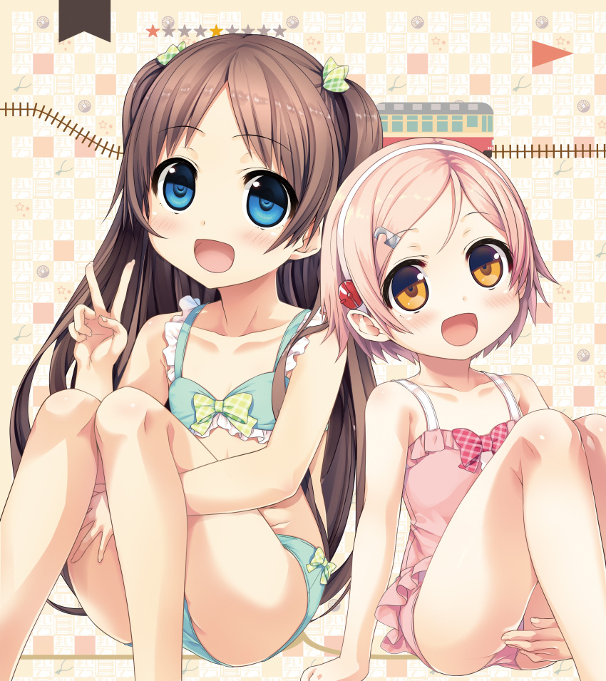 2girls :d absurdres ass bangs bare_arms bare_legs bare_shoulders bikini blue_eyes blush bow bow_bikini breasts brown_eyes brown_hair casual_one-piece_swimsuit checkered checkered_background collarbone crossover cura eyebrows_visible_through_hair fanbox_reward fingernails green_bikini green_bow hair_bow hair_ornament hairband hairclip hand_up highres index_finger_raised kadowaki_mai long_hair maitetsu monobeno multiple_girls one-piece_swimsuit open_mouth paid_reward parted_bangs pink_hair pink_swimsuit plaid plaid_bow reina_(maitetsu) sawai_natsuha small_breasts smile star swimsuit two_side_up very_long_hair white_hairband
