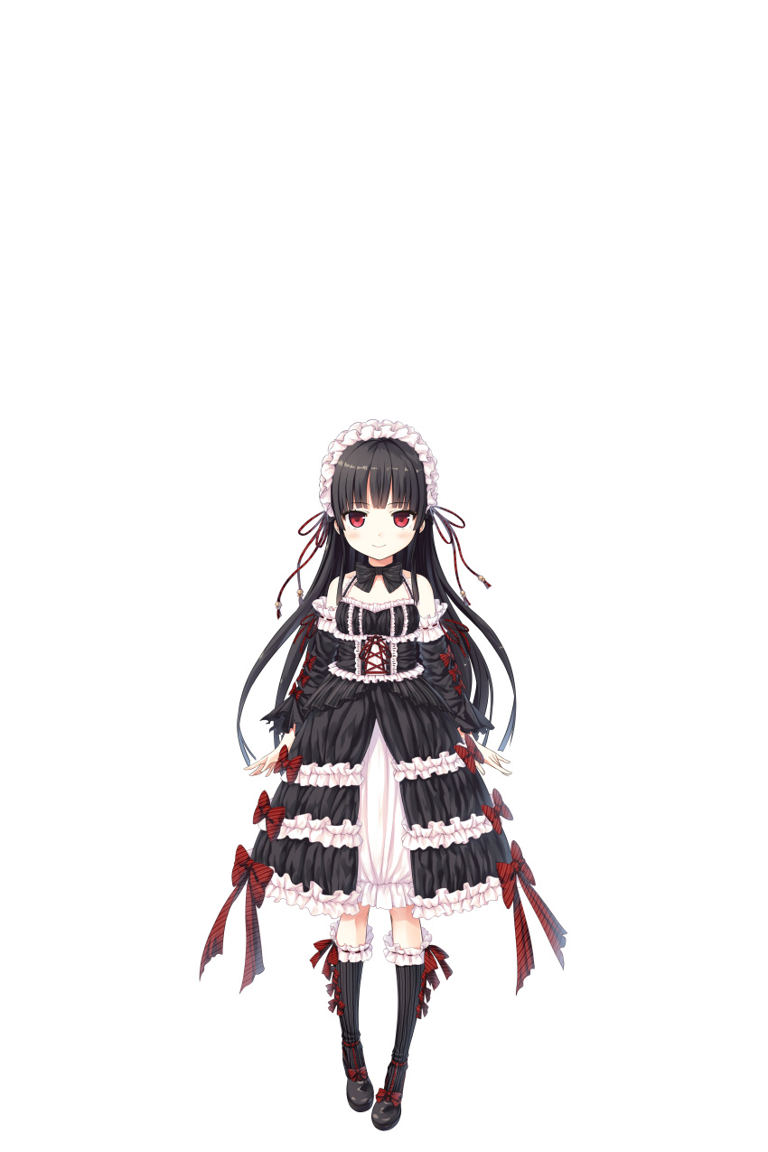 1girl absurdres bangs bare_shoulders black_bow black_dress black_footwear black_hair black_sleeves blush bow closed_mouth collarbone cura detached_sleeves dress eyebrows_visible_through_hair frilled_dress frills gothic_lolita grey_legwear hachiroku_(maitetsu) highres kneehighs lolita_fashion long_hair long_sleeves maitetsu negative_space pigeon-toed red_bow red_eyes shoes simple_background sleeveless sleeveless_dress smile solo standing striped striped_bow striped_legwear vertical-striped_legwear vertical_stripes very_long_hair white_background