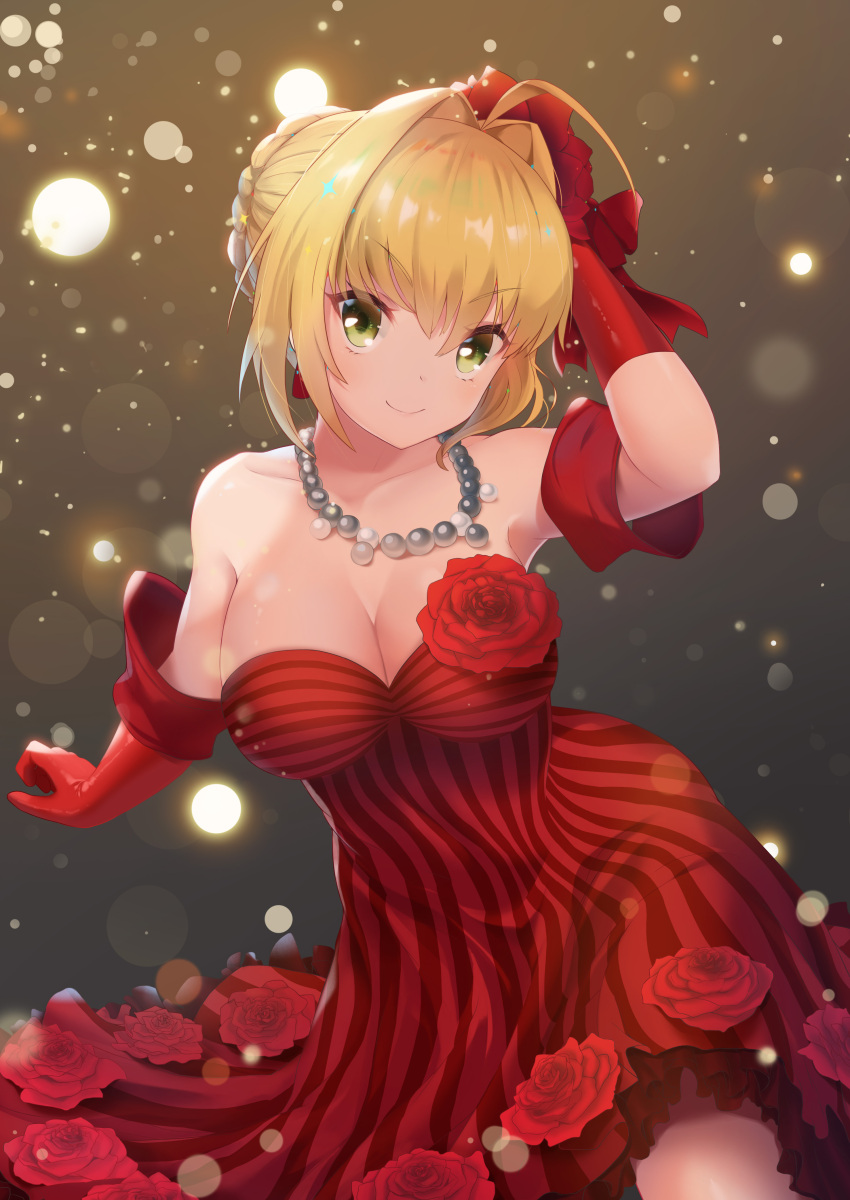 1girl absurdres ahoge alternate_costume bare_shoulders blonde_hair breasts cleavage dress fate/extra fate_(series) flower gloves green_eyes hair_bun hair_flower hair_intakes hair_ornament highres idol_emperor jewelry large_breasts looking_at_viewer necklace nero_claudius_(fate) nero_claudius_(fate)_(all) off-shoulder_dress off_shoulder red_dress red_flower red_gloves red_rose rose smile solo striped striped_dress vertical-striped_dress vertical_stripes zpig020406