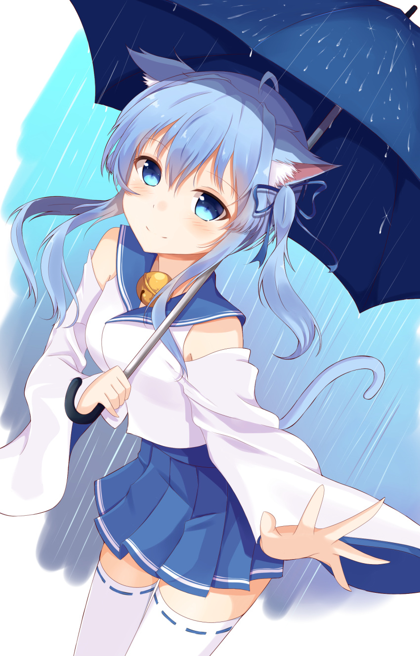1girl absurdres animal_ear_fluff animal_ears asashio_(azur_lane) azur_lane bare_shoulders bell blue_background blue_eyes blue_hair blue_ribbon blue_skirt blush cat_ears cat_girl cat_tail closed_mouth cowboy_shot eyebrows_visible_through_hair hair_ribbon highres holding holding_umbrella jingle_bell long_hair looking_at_viewer pleated_skirt rain ribbon ribbon-trimmed_legwear ribbon_trim sailor_collar shirt sidelocks skirt sleeves_past_wrists smile solo standing tail tail_raised takanawa thigh-highs twintails two-tone_background umbrella white_background white_legwear white_shirt wide_sleeves zettai_ryouiki