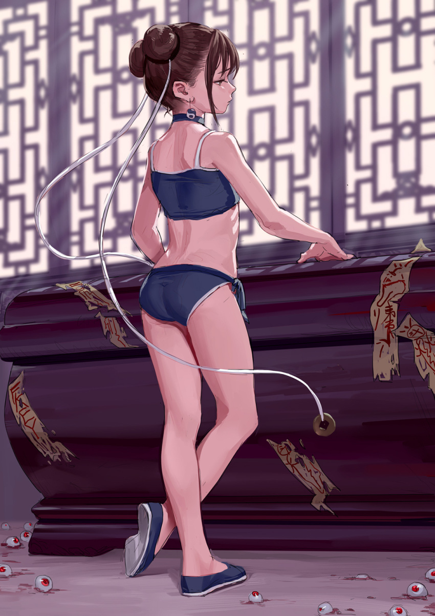 1girl artist_name ass bare_arms bare_legs bare_shoulders bikini blue_bikini blue_choker blue_footwear brown_eyes brown_hair choker commentary double_bun earrings eyeball fkey full_body hair_ribbon half-closed_eyes highres indoors jewelry ofuda original profile ribbon shadow shoes short_hair side-tie_bikini sidelocks solo standing swimsuit thighs white_ribbon yin_yang yin_yang_earrings