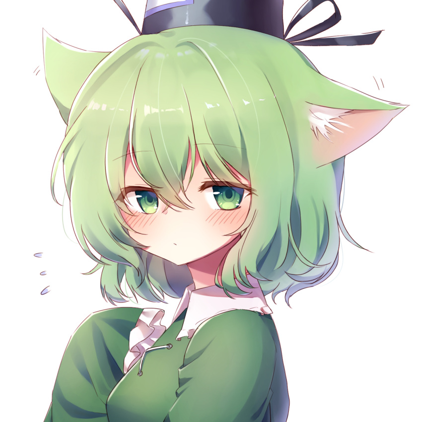 1girl :/ animal_ear_fluff animal_ears aqua_eyes bangs black_hat blush cat_ears closed_mouth commentary_request ear_wiggle eyebrows_visible_through_hair flying_sweatdrops frilled_sleeves frills from_side green_hair hair_between_eyes hand_on_own_chest hat highres kemonomimi_mode long_sleeves looking_at_viewer looking_to_the_side motion_lines pudding_(skymint_028) short_hair simple_background sleeves_past_fingers sleeves_past_wrists soga_no_tojiko solo tate_eboshi touhou upper_body white_background