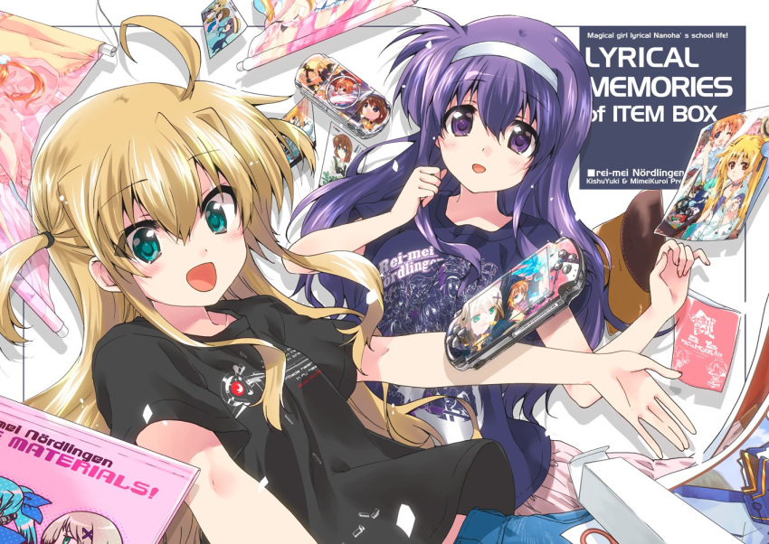 2girls :d ahoge arisa_bannings bangs banner black_skirt blonde_hair blue_eyes blue_skirt book casual circle_name clothes_writing commentary_request copyright_name cover cover_page doujin_cover dress english_text fate_testarossa hair_tie hairband handheld_game_console kuroi_mimei light_blush long_hair looking_at_viewer lyrical_nanoha mahou_shoujo_lyrical_nanoha mahou_shoujo_lyrical_nanoha_a's mahou_shoujo_lyrical_nanoha_a's_portable:_the_battle_of_aces manga_(object) material-d material-l material-s meta multiple_girls open_mouth outside_border outstretched_arms pink_skirt playstation_vita print_shirt purple_hair raising_heart shirt short_dress short_hair skirt smile t-shirt takamachi_nanoha tsukimura_suzuka two_side_up violet_eyes white_hairband yagami_hayate