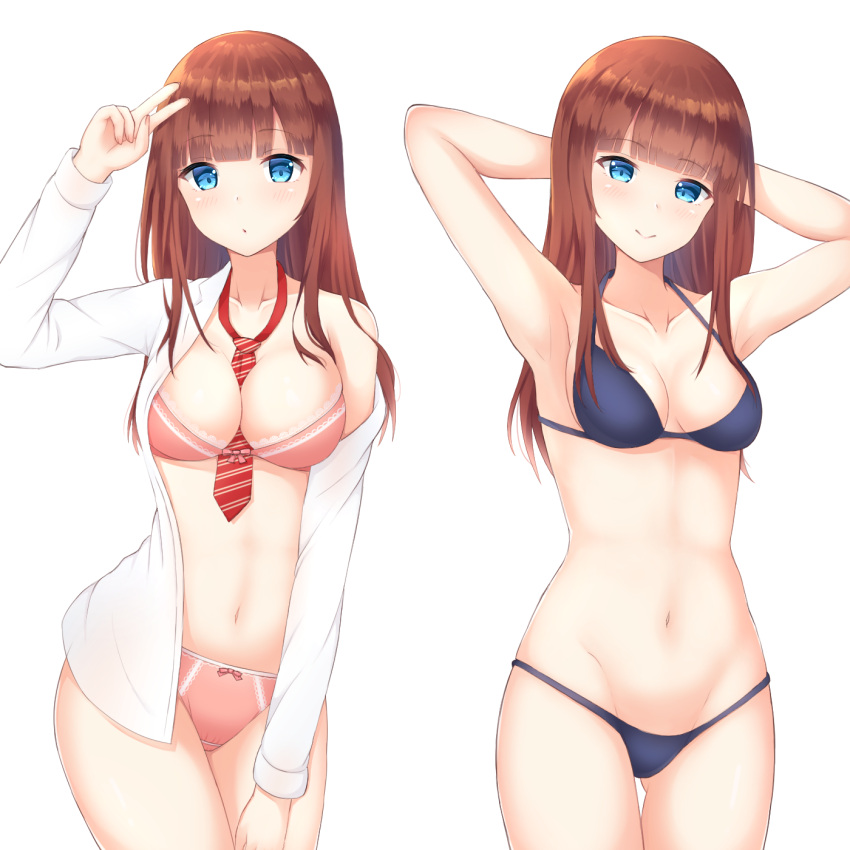 2girls armpits arms_behind_head arms_up ass_visible_through_thighs bangs bare_arms bare_shoulders between_breasts blue_bra blue_eyes blue_panties blunt_bangs blush bra breasts brown_hair closed_mouth collarbone cowboy_shot crotch_seam dress_shirt eyebrows_visible_through_hair groin hand_up head_tilt highres lace lace-trimmed_bra long_hair long_sleeves looking_at_viewer multiple_girls navel necktie off_shoulder open_clothes open_shirt original panties pink_bra pink_panties red_neckwear seventeen_(st17215) shirt simple_background smile standing stomach striped striped_neckwear thigh_gap underwear v white_background white_shirt