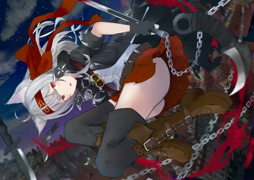 1girl absurdres agehachou_tsukushi ahoge animal_ears belt boots cat_ears chains fingerless_gloves gloves goggles goggles_around_neck headband highres knife long_coat long_hair looking_at_viewer night original outdoors pleated_skirt red_eyes shirt silver_hair skirt sky solo star_(sky) starry_sky thigh-highs weapon