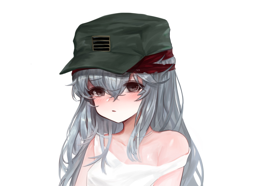 1girl bangs bare_shoulders blush brown_eyes collarbone commentary_request dokomon eyebrows_visible_through_hair flat_cap g11_(girls_frontline) girls_frontline green_hat hair_between_eyes hat highres korean_commentary long_hair parted_lips silver_hair simple_background solo strap_slip tank_top white_background white_tank_top