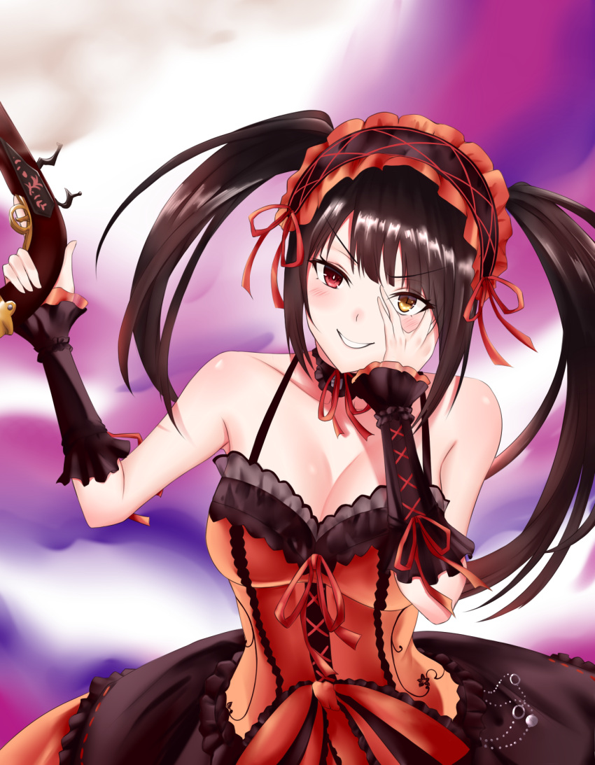 1girl black_hair blush breasts choker cleavage clock_eyes commentary_request crimecrime date_a_live dress eyebrows_visible_through_hair gothic_lolita grin gun hairband hand_on_own_face heterochromia highres holding holding_gun holding_weapon large_breasts lolita_fashion lolita_hairband long_hair looking_at_viewer red_eyes smile solo symbol-shaped_pupils tokisaki_kurumi twintails weapon yellow_eyes