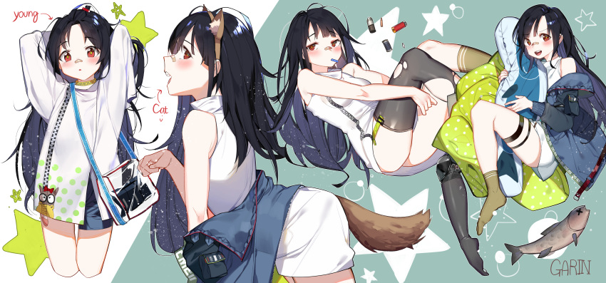 1girl absurdres animal_ears arms_behind_head artist_name bag bandaid bandaid_on_nose bangs bare_shoulders belt black_hair blush c-ms_(girls_frontline) cat_ears character_name dress eyebrows_visible_through_hair fake_animal_ears fake_tail fish full_body garin girls_frontline handbag highres jacket long_hair long_sleeves looking_at_viewer messy_hair mole mole_under_eye mouth_hold multiple_views object_hug off_shoulder open_clothes red_eyes short_shorts shorts single_thighhigh sleeveless tail thigh-highs thigh_strap torn_clothes torn_legwear very_long_hair white_dress younger