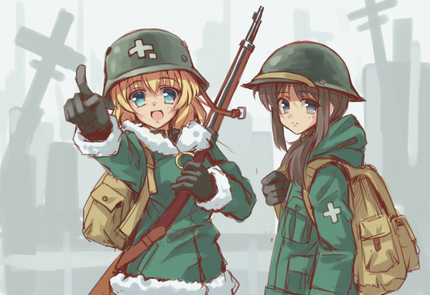 2girls backpack bag black_eyes black_hair blonde_hair blue_eyes brodie_helmet chito_(shoujo_shuumatsu_ryokou) commentary fur_trim gloves gun helmet highres longmei_er_de_tuzi military multiple_girls pointing rifle rifle_on_back shoujo_shuumatsu_ryokou stahlhelm twintails weapon yuuri_(shoujo_shuumatsu_ryokou)