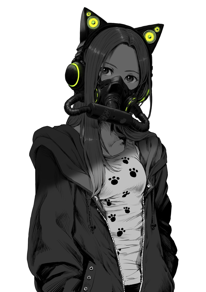 1girl absurdres animal_ears axent_wear bangs breasts cat_ear_headphones cat_ears collarbone fake_animal_ears forehead gas_mask hands_in_pockets headphones highres hood hood_down hoodie long_hair looking_at_viewer monochrome open_clothes open_hoodie original parted_bangs small_breasts solo spot_color ume_(yume_uta_da) white_background