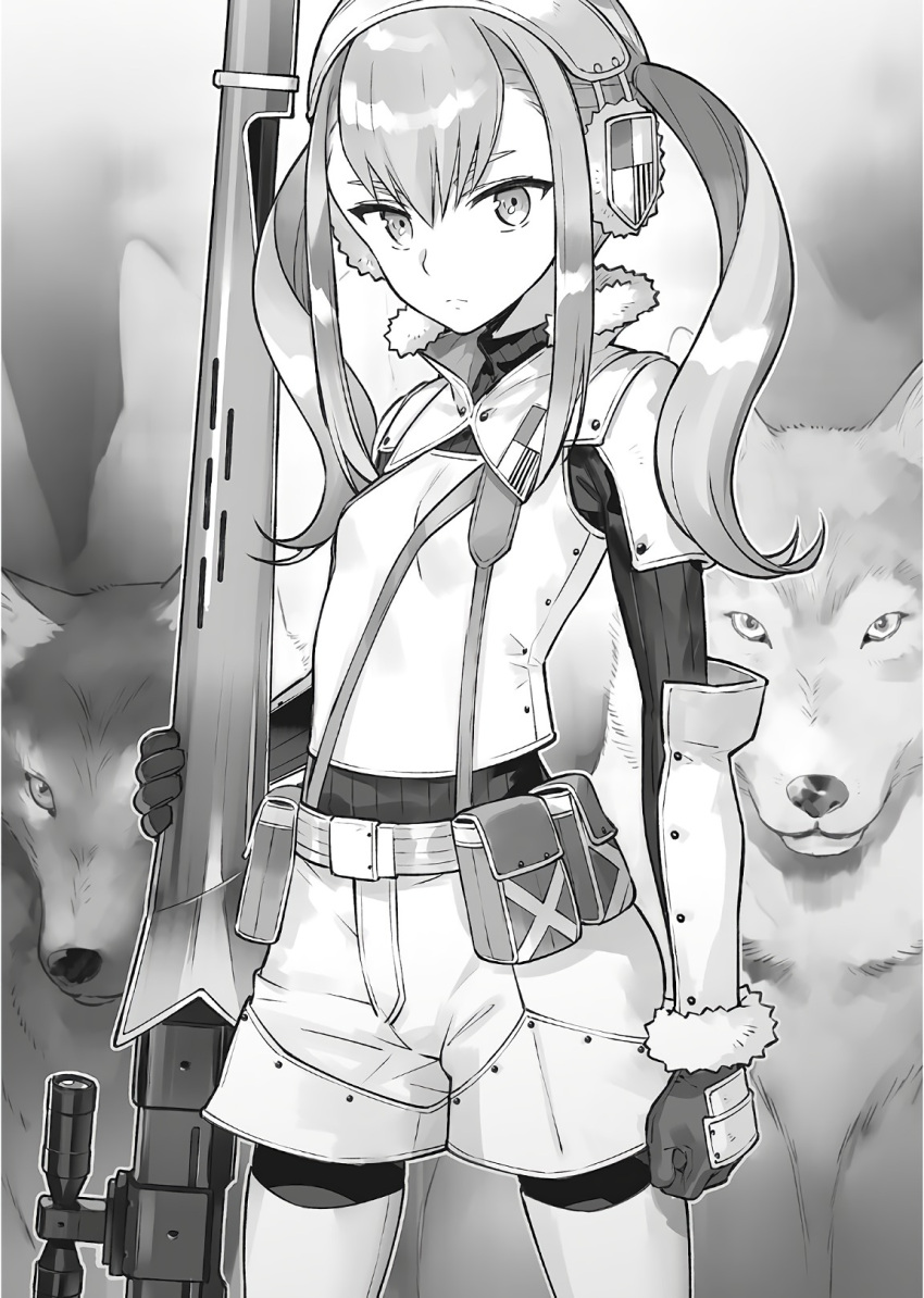 1girl assassins_pride bangs boots clenched_hand cowboy_shot floating_hair gloves gun hair_between_eyes highres holding holding_gun holding_weapon legwear_under_shorts long_hair looking_at_viewer military military_uniform ninomoto novel_illustration official_art pantyhose rifle short_shorts shorts sniper_rifle solo standing thigh-highs thigh_boots twintails uniform weapon wolf
