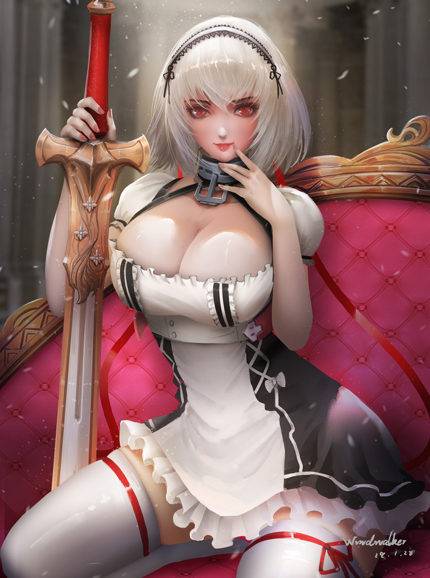1girl anchor azur_lane bangs blush breasts choker cleavage collarbone couch dated dress hair_between_eyes hairband highres holding holding_sword holding_weapon indoors kaze_no_gyouja lace-trimmed_hairband large_breasts light_particles looking_at_viewer nail_polish puffy_sleeves red_eyes red_lips red_nails ribbon ribbon-trimmed_legwear ribbon_trim seiza short_hair short_sleeves sidelocks signature sirius_(azur_lane) sitting skindentation solo sword thigh-highs underbust weapon white_hair white_legwear