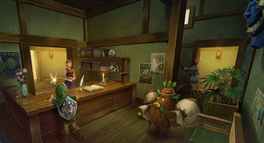 1boy 2girls absurdres anju blonde_hair book boots brown_footwear candle carving chair commentary deku_scrub fairy fern flower glowing glowing_eyes green_headwear green_tunic hand_on_own_cheek hand_on_own_face hat highres hylian_shield indoors link looking_at_another mask multiple_girls nshi open_book plant pointy_ears poster_(object) shield short_hair tatl the_legend_of_zelda the_legend_of_zelda:_majora's_mask tunic vase vest