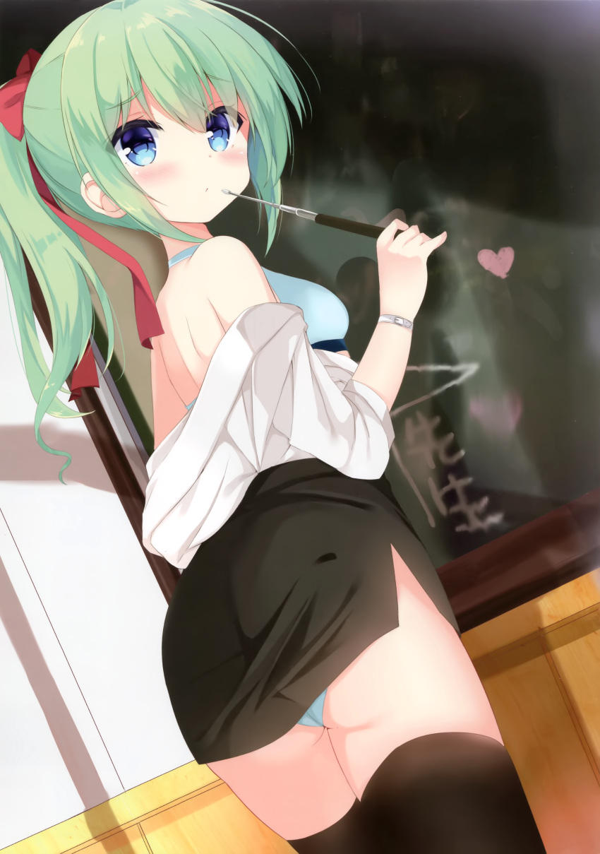 1girl absurdres ai_ai_gasa artist_request ass bangs bare_shoulders black_legwear black_skirt blue_bra blue_eyes blue_panties blush bow bra breasts chalkboard closed_mouth dutch_angle eyebrows_visible_through_hair from_behind green_hair hair_between_eyes hair_bow heart highres holding holding_pointer long_hair looking_at_viewer looking_back non-web_source off_shoulder open_clothes open_shirt original panties pencil_skirt pointer ponytail red_bow shirt sidelocks skirt small_breasts solo standing thigh-highs underwear white_shirt