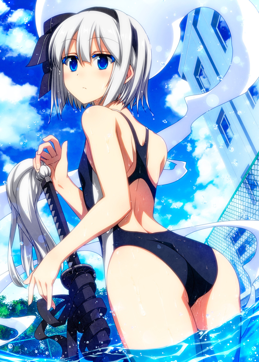 1girl ass bangs bare_arms bare_shoulders black_hairband black_ribbon black_swimsuit blue_eyes blue_sky blush building chain-link_fence clouds colored_eyelashes commentary_request cowboy_shot day dutch_angle eyebrows_visible_through_hair fence from_behind hair_between_eyes hair_ribbon hairband hand_up highres hitodama katana konpaku_youmu konpaku_youmu_(ghost) looking_back one-piece_swimsuit outdoors ribbon sazanami_mio scabbard sheath sheathed short_hair silver_hair sky solo standing swimsuit sword thighs touhou wading water water_drop weapon wet