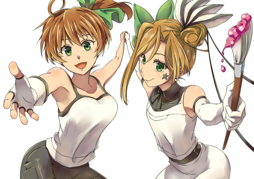 2girls :d asymmetrical_gloves asymmetrical_hair black_ribbon black_shorts blonde_hair bow brown_hair chiharu_(9654784) collarbone elbow_gloves facial_mark fingerless_gloves gloves green_bow green_eyes hair_between_eyes hair_bow hand_holding highres holding long_hair looking_at_viewer multiple_girls neck_ribbon open_mouth original outstretched_arms ribbon shirt shorts side_ponytail simple_background single_glove skirt sleeveless sleeveless_shirt smile standing star star_print tied_hair white_background white_gloves white_shirt white_skirt