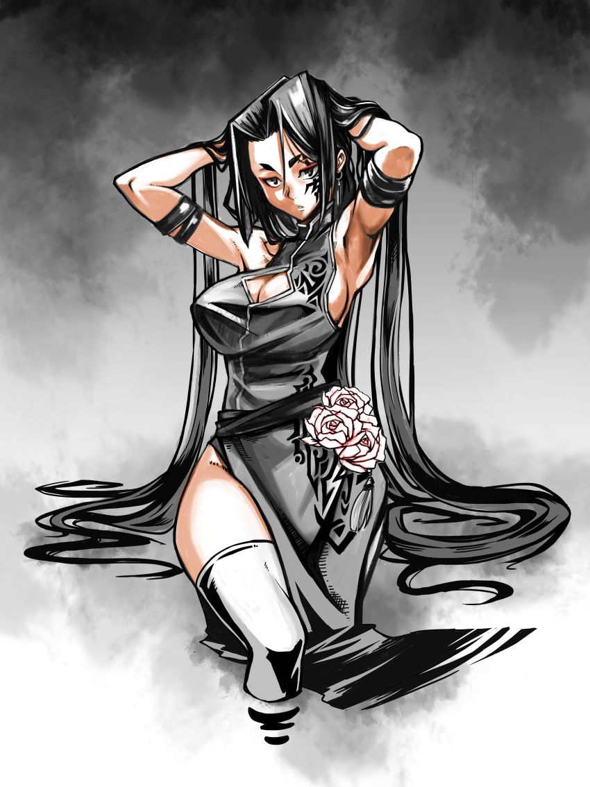 1girl absurdres arms_behind_head bare_shoulders black_eyes black_hair breasts china_dress chinese_clothes cleavage cleavage_cutout dress facepaint flower ga320aaa grey_dress grey_legwear hair_between_eyes highres large_breasts long_hair original parted_lips partially_submerged pink_flower side_slit sideboob sleeveless solo thigh-highs very_long_hair