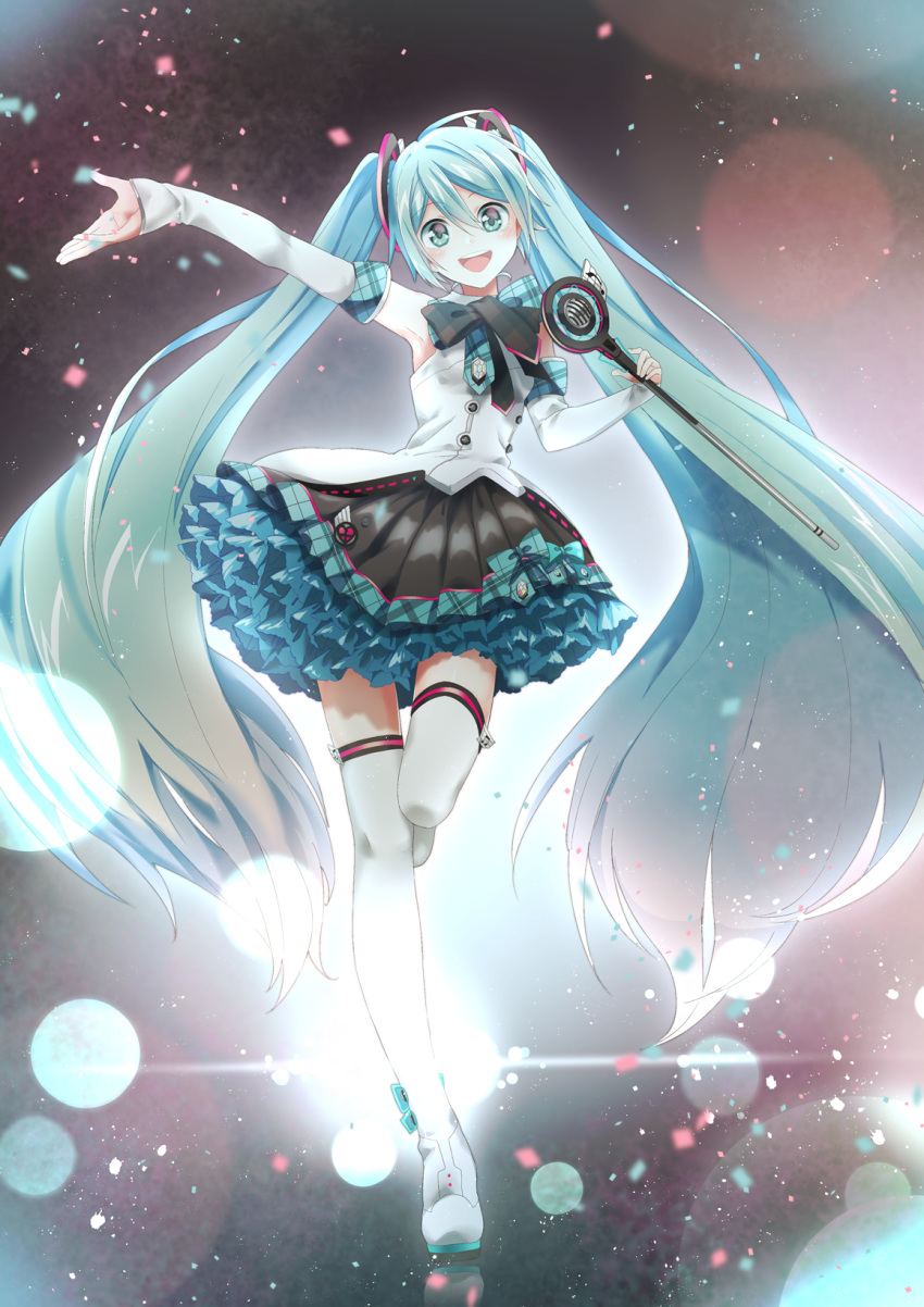 1girl agonasubi alternate_costume aqua_eyes aqua_hair bangs bare_shoulders black_neckwear black_skirt blush bow bow_skirt bowtie commentary confetti dark_background detached_sleeves double-breasted frilled_skirt frills full_body hair_between_eyes hair_ornament hatsune_miku highres holding_microphone_stand leg_up lens_flare long_hair looking_at_viewer magical_mirai_(vocaloid) microphone_stand outstretched_arm shirt skirt smile solo standing thigh-highs twintails very_long_hair vocaloid white_shirt zettai_ryouiki