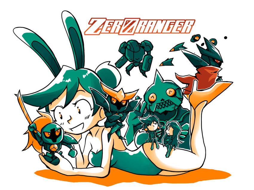 3girls ^_^ animal_ears bunny_tail bunnysuit cloak closed_eyes closed_eyes copyright_name crossed_arms dori_(zeroranger) grapefruit_(zeroranger) green high_heels limited_palette mecha mido_(zeroranger) minigirl multiple_girls orange_(color) rabbit_ears setz sword tail waving weapon white_background zeroranger