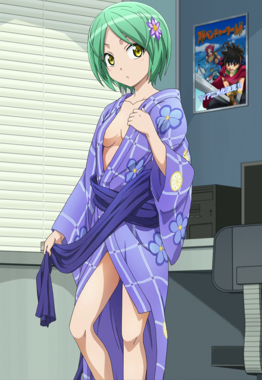 1girl green_hair highres japanese_clothes kimono mangaka-san_to_assistant-san_to minano_matome screencap stitched third-party_edit yellow_eyes yukata