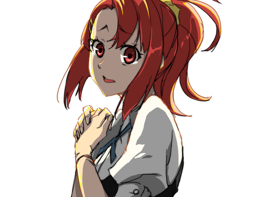 1girl blue_ribbon chiharu_(9654784) from_side hands_together highres kiznaiver looking_at_viewer neck_ribbon open_mouth red_eyes redhead ribbon shirt short_hair short_sleeves simple_background solo takashiro_chidori upper_body white_background white_shirt