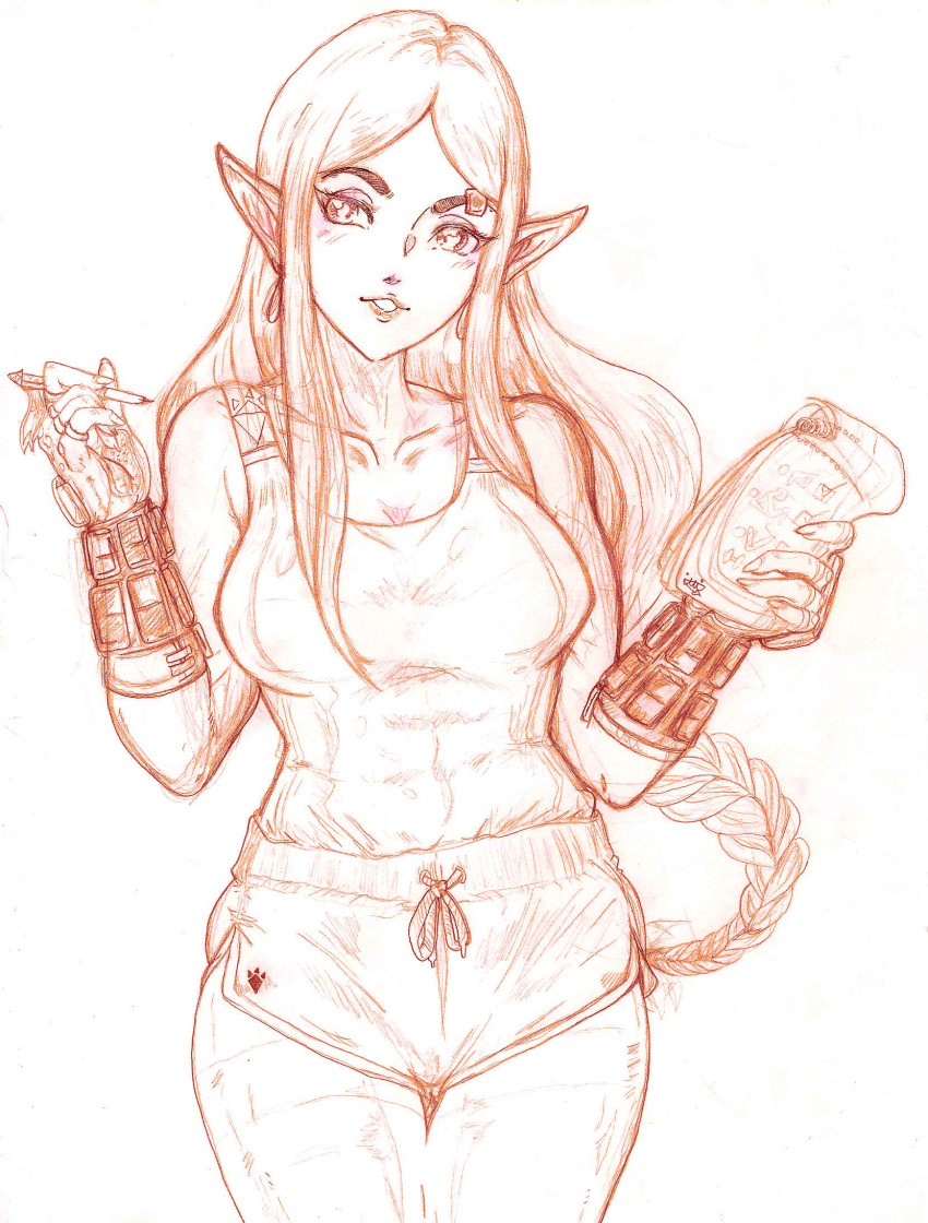 arm_support bandaid blush_stickers elf eyebrows fit highres long_hair muscle muscular_female nintendo notepad pantyhose pen pointy_ears princess_zelda shorts the_legend_of_zelda zelda_musou