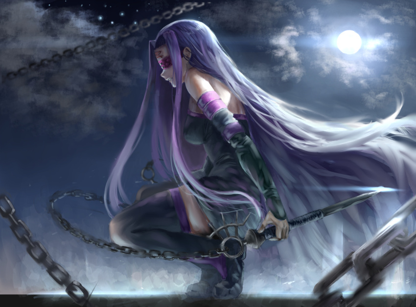 1girl black_dress black_footwear black_sleeves boots chains clouds detached_sleeves dress facial_mark fate/stay_night fate_(series) floating_hair from_side full_body full_moon highres holding holding_weapon kevala0513 long_hair long_sleeves mask moon night outdoors parted_lips purple_hair rider short_dress sky sleeveless sleeveless_dress solo squatting star_(sky) starry_sky strapless strapless_dress striped striped_dress thigh-highs thigh_boots tube_dress very_long_hair weapon zettai_ryouiki