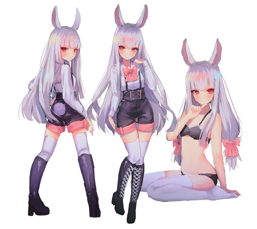1girl animal_ears arm_support bangs black_bra black_footwear black_panties black_shorts boots bow bowtie bra breasts bunny_girl bunny_tail closed_mouth collared_shirt cross-laced_footwear from_behind full_body groin hair_bow hair_ornament hairclip hanato_(seonoaiko) hand_up high_heel_boots high_heels highres index_finger_raised knee_boots legs_apart long_hair long_sleeves looking_at_viewer looking_back mole mole_under_eye multiple_views navel original panties parted_lips pink_bow pink_neckwear rabbit_ears red_eyes shirt shirt_tucked_in shorts sidelocks silver_hair simple_background sitting small_breasts standing stomach suspenders tail thigh-highs underbust underwear very_long_hair wariza white_background white_legwear white_shirt