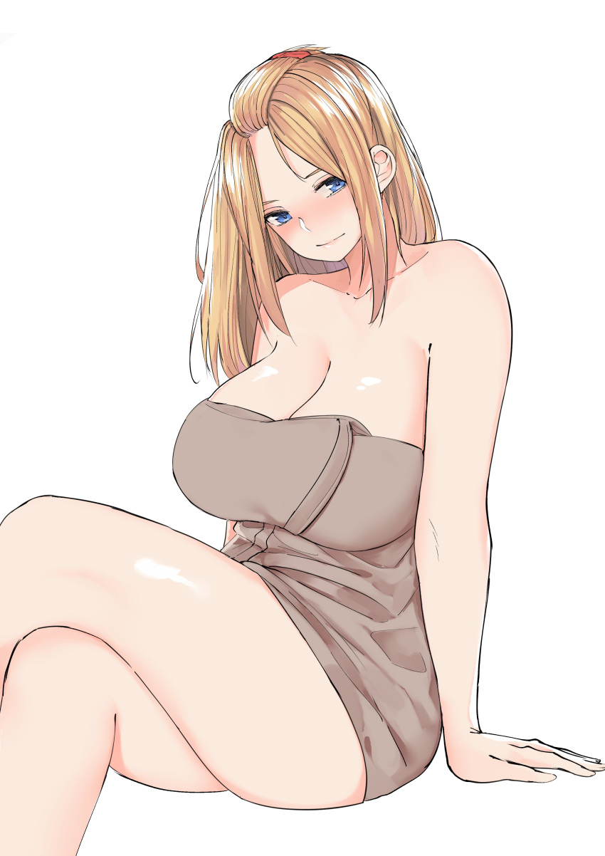 1girl absurdres bare_shoulders blonde_hair blue_eyes breasts cleavage closed_mouth collarbone commentary english_commentary folded_hair hair_ornament hairclip highres large_breasts legs_crossed long_hair looking_at_viewer norman_maggot original sitting smile teacher thighs towel