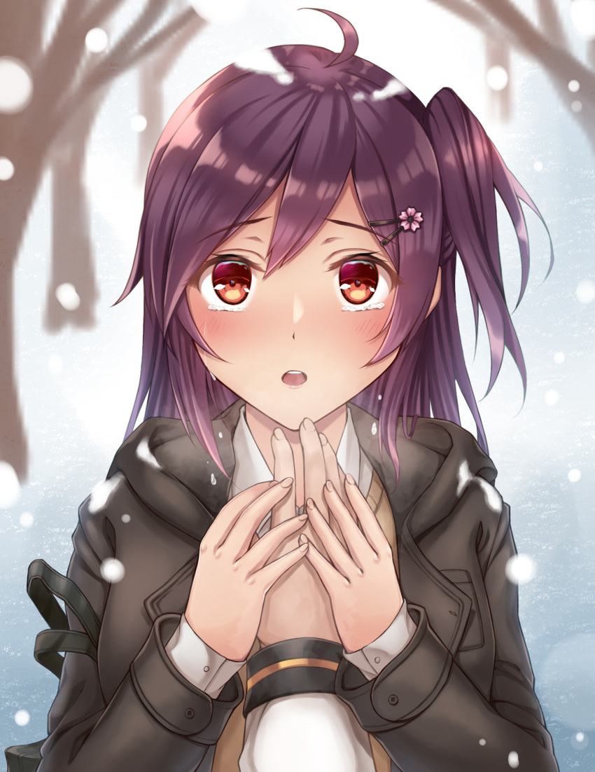 1girl admiral_(kantai_collection) alternate_costume asymmetrical_hair black_jacket blush breasts commentary_request crying crying_with_eyes_open eyebrows_visible_through_hair forest hagikaze_(kantai_collection) hair_between_eyes hair_ornament hairclip highres jacket kantai_collection long_hair long_sleeves nature one_side_up open_mouth purple_hair red_eyes side_ponytail snowing tears zhou_yu_(ppaaqz1995)