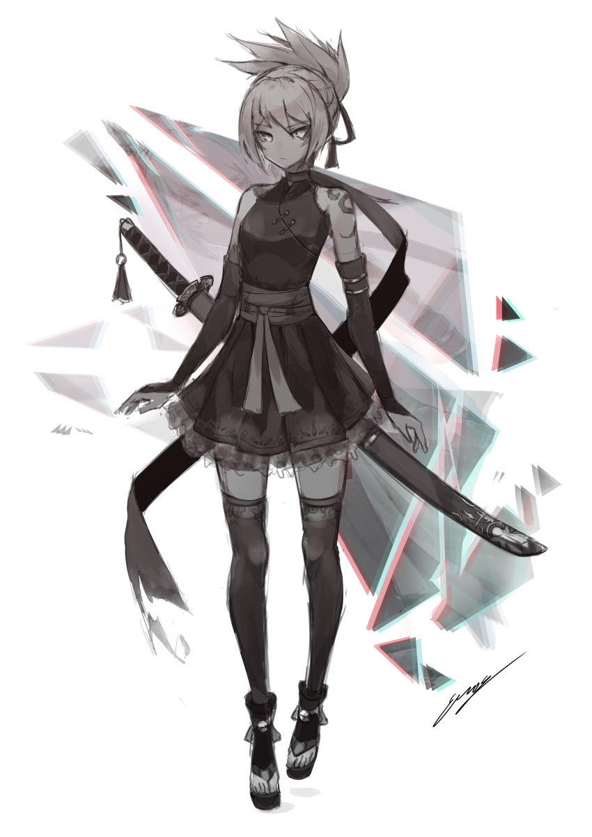 1girl absurdres bangs bare_shoulders belt boots commentary detached_sleeves dress english_commentary erospanda eyebrows_visible_through_hair greyscale hair_ornament hair_up hairband highres katana long_sleeves looking_at_viewer monochrome original ponytail short_ponytail shoulder_tattoo signature sketch solo standing sword tattoo thigh-highs weapon weapon_on_back