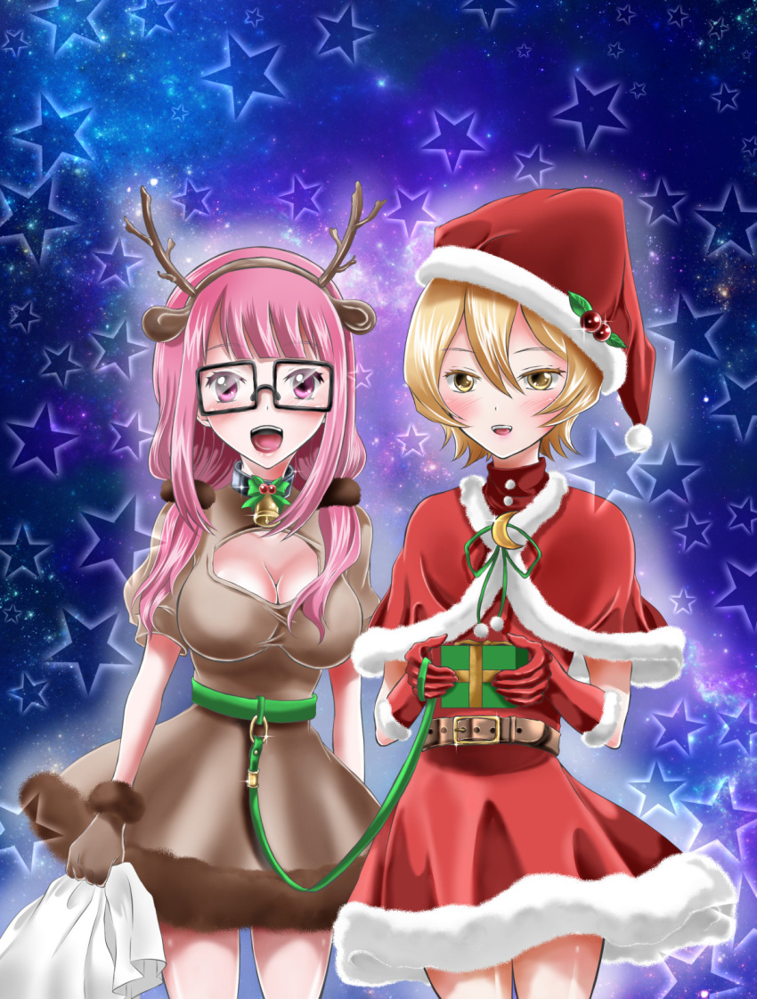 2girls animal_costume animal_ears antlers bell bell_collar blonde_hair blush breasts christmas christmas_present cleavage collar dress glasses hat highres large_breasts leash looking_at_viewer mahou_shoujo_site multiple_girls open_mouth pink_eyes pink_hair reindeer_antlers reindeer_costume reindeer_ears sack santa_costume santa_hat shiny shiny_clothes shiny_hair shiny_skin shioi_rina short_hair star starry_background twintails user_ctnn8475 yatsumura_tsuyuno yellow_eyes