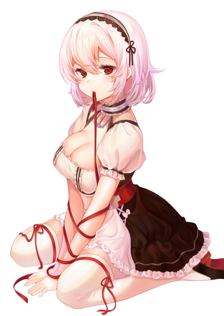 1girl absurdres apron azur_lane bangs between_legs black_dress black_footwear breasts cleavage commentary_request dress full_body gradient_hair hair_between_eyes hairband hand_between_legs high_heels highres lace-trimmed_hairband lace_trim large_breasts looking_at_viewer mouth_hold multicolored_hair puffy_short_sleeves puffy_sleeves purple_hair red_eyes red_ribbon reel37891 ribbon ribbon_in_mouth shoe_soles shoes short_sleeves simple_background sirius_(azur_lane) sitting solo thigh-highs waist_apron wariza white_apron white_background white_hair white_hairband white_legwear