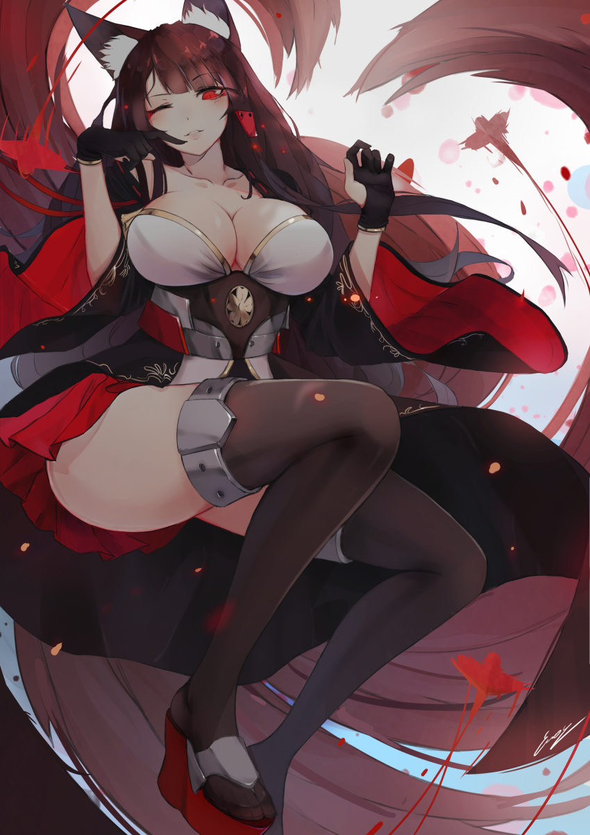 1girl absurdres akagi_(azur_lane) animal_ear_fluff animal_ears azur_lane bangs bare_shoulders black_gloves black_legwear breasts cleavage collarbone commentary english_commentary erospanda eyebrows_visible_through_hair fox_ears fox_tail gloves hair_over_shoulder highres japanese_clothes kimono kitsune large_breasts long_hair looking_at_viewer one_eye_closed red_eyes red_footwear red_skirt short_sleeves skirt smile solo tail thigh-highs wide_sleeves