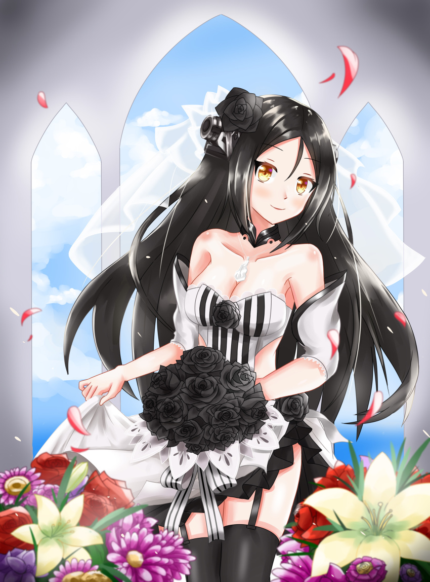 1girl absurdres black_flower black_hair black_rose bouquet breasts church cleavage daisy_cutter detached_sleeves dreamer_(girls_frontline) dress field flower flower_field girls_frontline hair_flower hair_ornament highres medium_breasts rose solo veil wedding_dress yellow_eyes