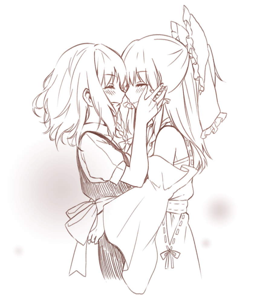 2girls :d alternate_color alternate_costume apron bangs bare_shoulders bow braid closed_eyes detached_sleeves greyscale grin hair_bow hair_tubes hakurei_reimu hand_on_another's_cheek hand_on_another's_face hand_on_another's_hip highres hug imminent_kiss kirisame_marisa kizitora_hato long_hair medium_hair monochrome multiple_girls no_hat no_headwear noses_touching open_mouth puffy_short_sleeves puffy_sleeves sarashi sash short_sleeves side_braid single_braid skirt skirt_set smile touhou vest yuri