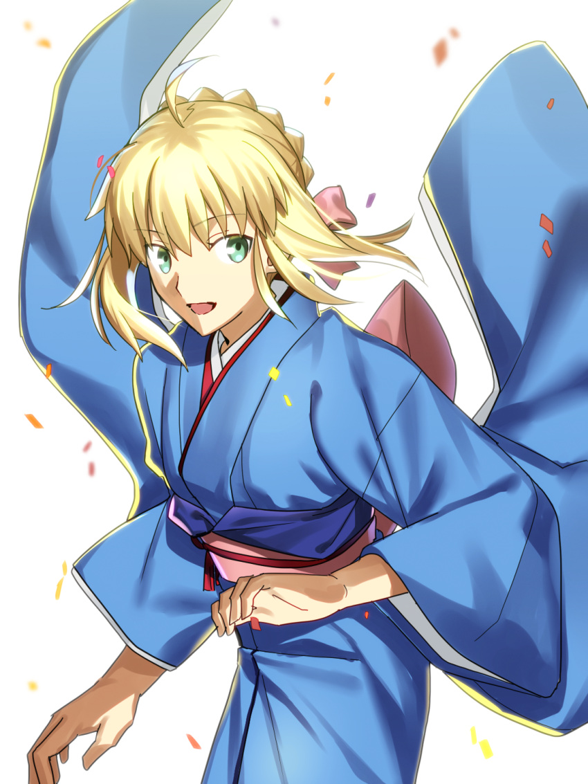 1girl :d ahoge artoria_pendragon_(all) blonde_hair blue_kimono bow braided_bun eyebrows_visible_through_hair fate/stay_night fate_(series) green_eyes highres japanese_clothes kimono long_sleeves looking_at_viewer obi open_mouth pink_bow saber sash sen_(77nuvola) short_hair smile solo standing wide_sleeves