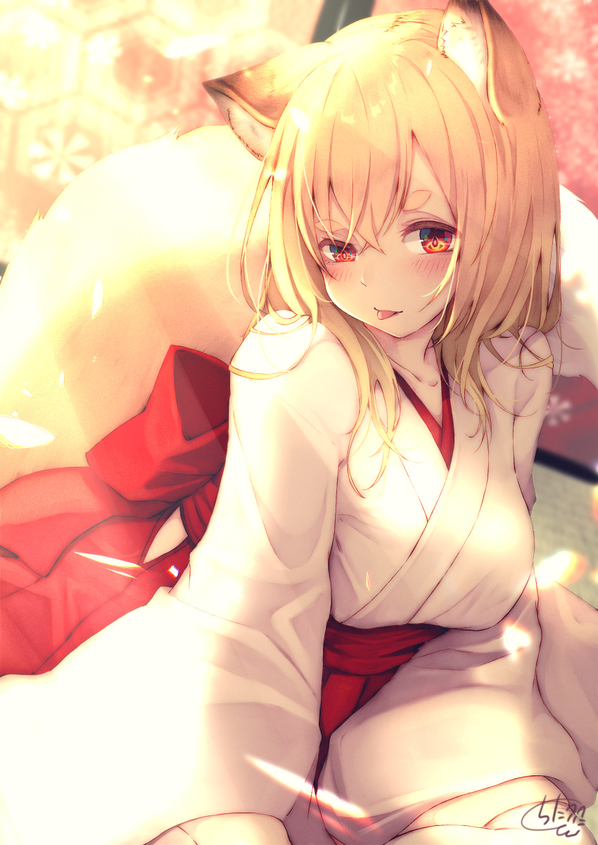 1girl :p animal_ear_fluff animal_ears bangs blonde_hair blurry blurry_background blush breasts chita_(ketchup) closed_mouth commentary_request depth_of_field eyebrows_visible_through_hair fox_ears fox_girl fox_tail hair_between_eyes hakama highres japanese_clothes kimono long_hair long_sleeves medium_breasts miko original red_eyes red_hakama short_eyebrows signature solo tail tail_raised thick_eyebrows thigh-highs tongue tongue_out white_kimono white_legwear wide_sleeves