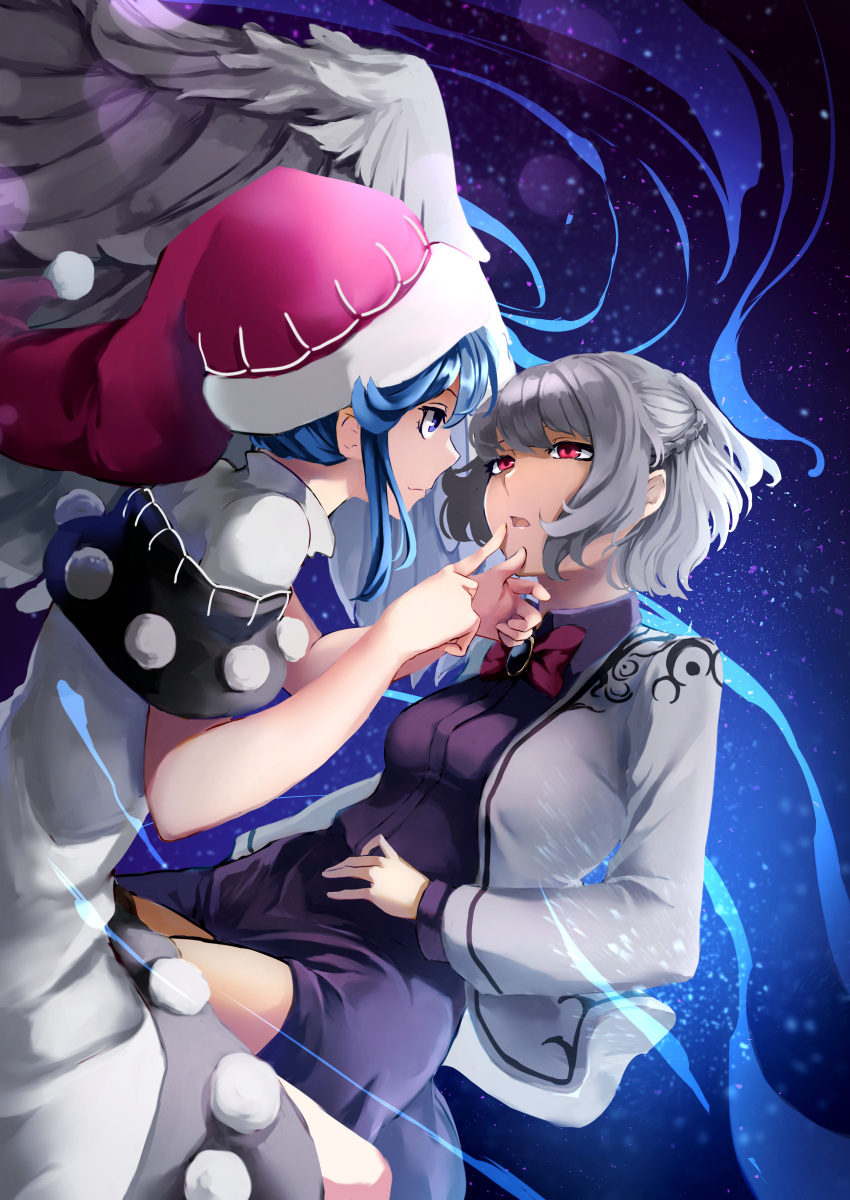 2girls absurdres amano_hagoromo arms_up bangs blue_background blue_eyes blue_hair bow bowtie braid breasts brooch commentary_request doremy_sweet dress expressionless eye_contact finger_to_mouth french_braid hand_on_another's_face hand_on_own_stomach hat highres jacket jewelry kishin_sagume layered_dress leaning_back lens_flare light_trail long_sleeves looking_at_another medium_breasts multiple_girls nightcap open_clothes open_jacket open_mouth pom_pom_(clothes) purple_dress red_eyes short_hair sidelocks silver_hair single_wing touhou white_jacket wings yuri